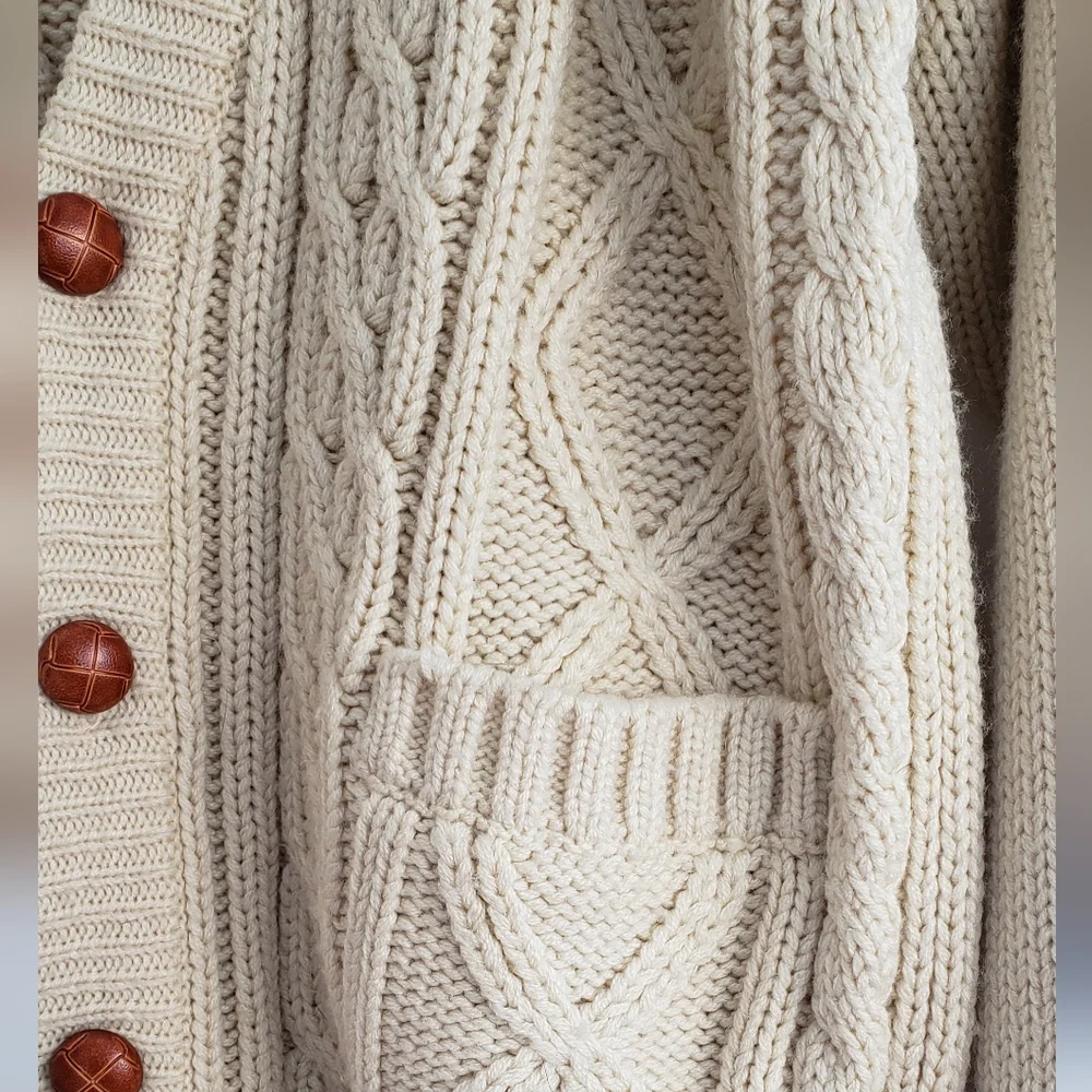 Oakton Limited 90s Chunky Cable Knit Cable Cardigan Sweater Beige Sz M Grandpa